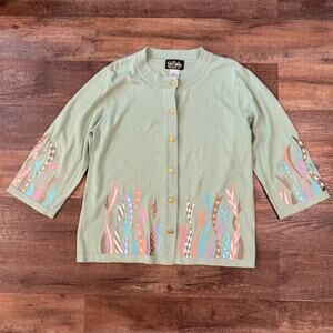 Bob Mackie Wearable Art to Wear Cardigan Sweater L Sage Green Embroidered READ